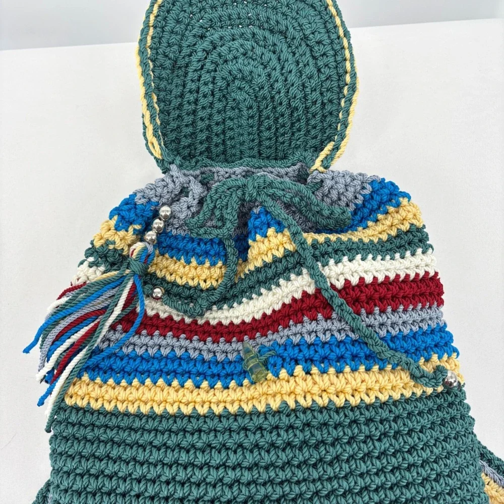 Handmade Crochet Striped Backpack Teal Multi Color Bow Detail Boho Knit Bag